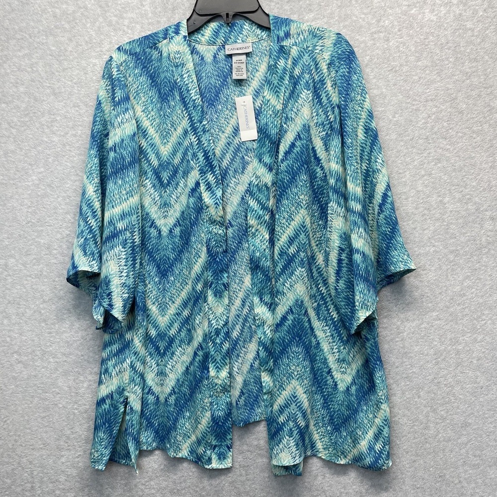 Catherines Lightweight Topper Womens 2XWP Plus Blue Chevron Open Front Kimono